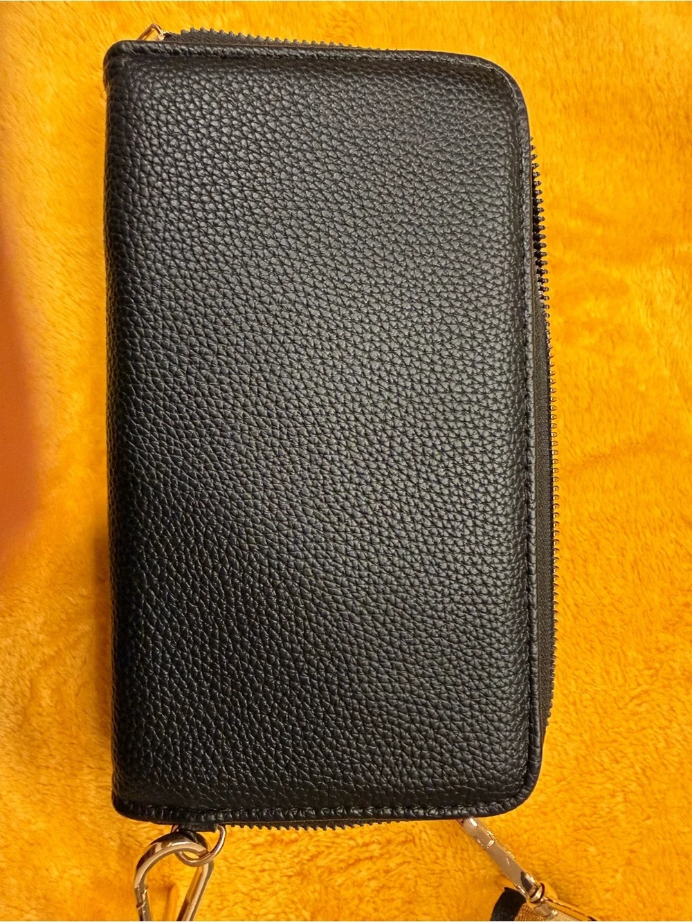 N.D. V.? Black Leather Crossbody Card & Key Holder with Striped Strap